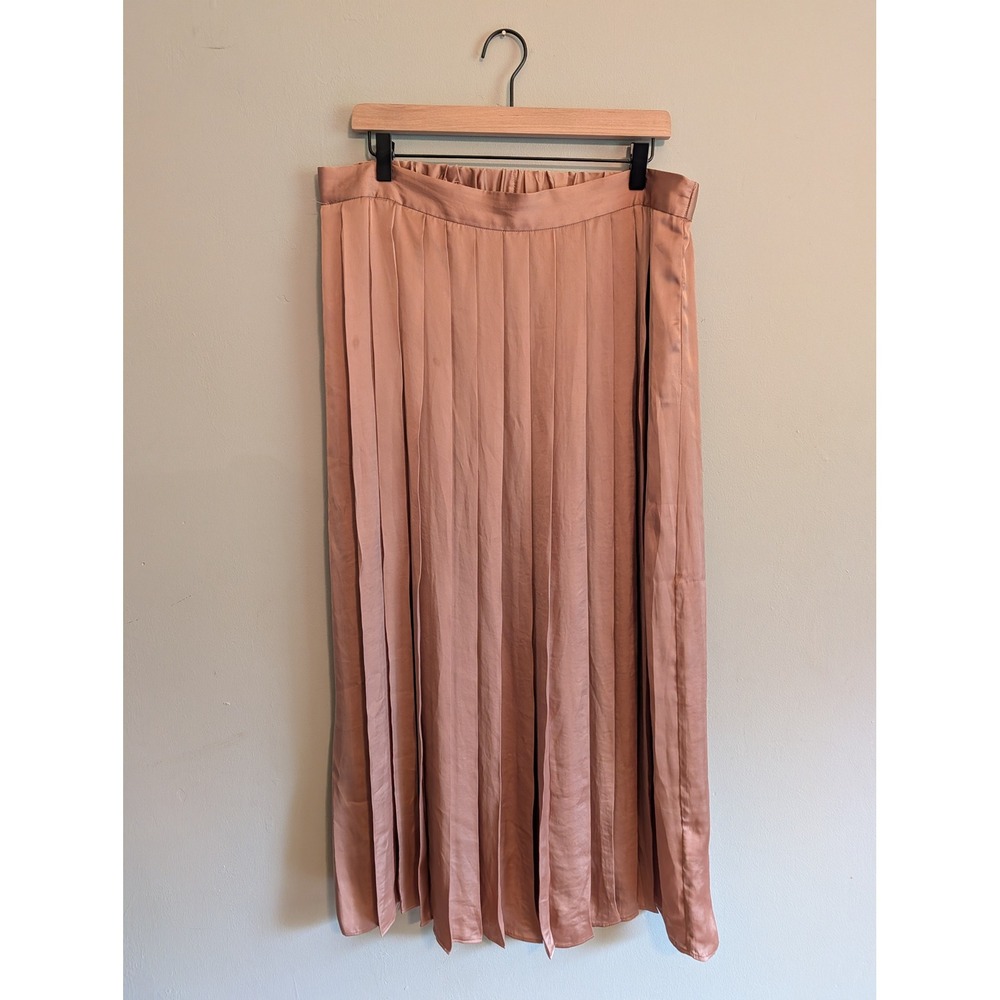 DKNY Rose Gold Satin Pleated Midi Skirt XL Pink Accordion Pockets P1190473BC